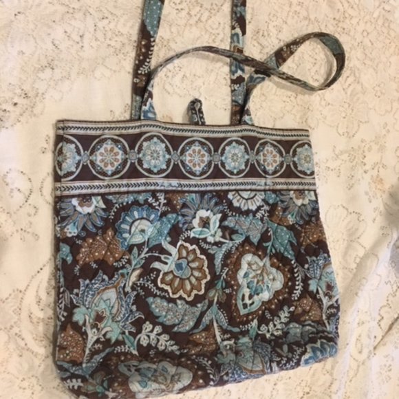 Vera Bradley Quilted Floral Shoulder Tote Travel Bag Brown Blue 13"x14" - Picture 3 of 16